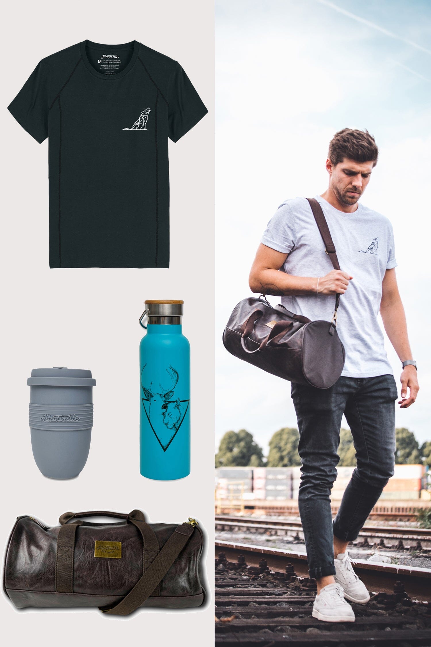 Men's Gym Gift Set | Duffel Bag | Sports T-shirt | Bottle | Travel Cup