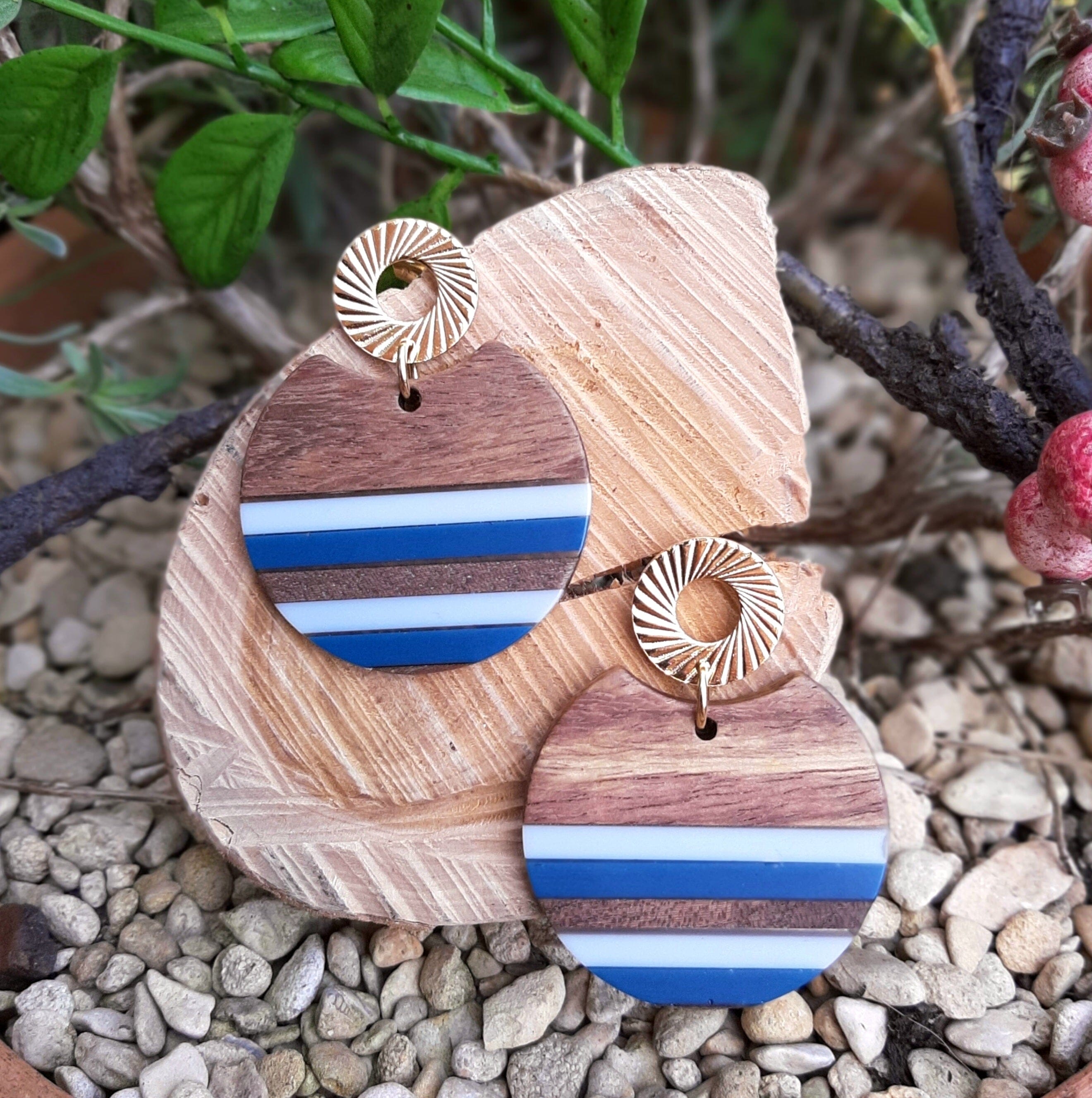Ocean Vibes Blue Circle Resin Wood 24K Earrings